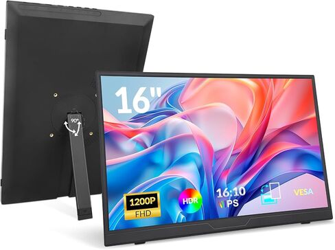 شاشة LR المحمولة، 16 بوصة 1200P FHD 16:10، نسبة تباين 1500:1، شاشة كمبيوتر محمول USB-C HDMI مع حامل دوار، شاشة أفقية/رأسية، شاشة سفر لأجهزة الكمبيوتر المحمول/الكمبيوتر الشخصي/Mac/Windows/PS5، قابلة للتركيب على Vesa in Kuwait
