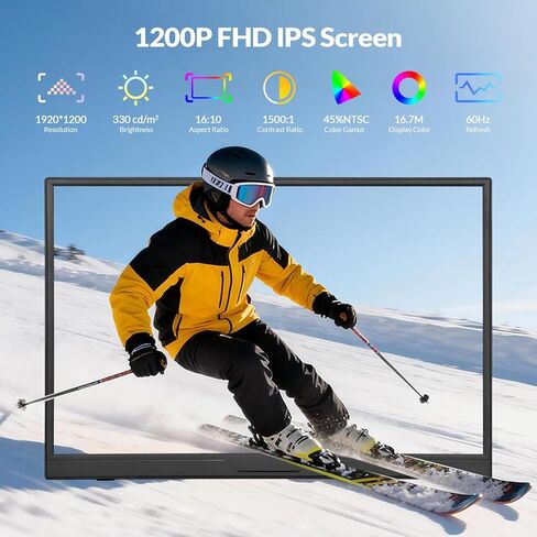 شاشة LR المحمولة، 16 بوصة 1200P FHD 16:10، نسبة تباين 1500:1، شاشة كمبيوتر محمول USB-C HDMI مع حامل دوار، شاشة أفقية/رأسية، شاشة سفر لأجهزة الكمبيوتر المحمول/الكمبيوتر الشخصي/Mac/Windows/PS5، قابلة للتركيب على Vesa in Kuwait