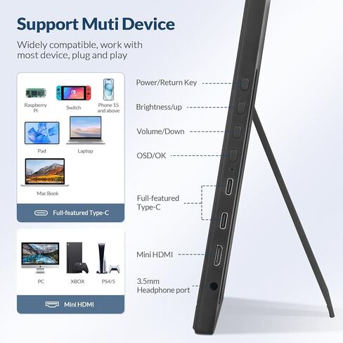 شاشة LR المحمولة، 16 بوصة 1200P FHD 16:10، نسبة تباين 1500:1، شاشة كمبيوتر محمول USB-C HDMI مع حامل دوار، شاشة أفقية/رأسية، شاشة سفر لأجهزة الكمبيوتر المحمول/الكمبيوتر الشخصي/Mac/Windows/PS5، قابلة للتركيب على Vesa in Kuwait