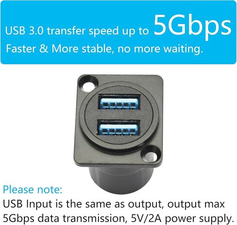 محول موصل تثبيت لوحة USB 3.0 مزدوج، USB من النوع D أنثى إلى أنثى من خلال المقبس مع برغي تثبيت، نقل بيانات بسرعة 5 جيجابت في الثانية، طاقة 5 فولت/2 أمبير (أسود) in Kuwait