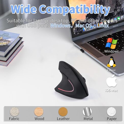 Ergonomic Mouse Wireless Left Handed Vertical Mouse with LED Light USB Receiver 6 Buttons Portable 2.4GHz Optical USB Wireless Mice for PC Laptop Desktop Computer Notebook Mac Adults Gifts, Black in Kuwait