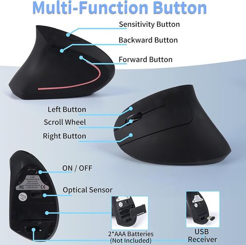 Ergonomic Mouse Wireless Left Handed Vertical Mouse with LED Light USB Receiver 6 Buttons Portable 2.4GHz Optical USB Wireless Mice for PC Laptop Desktop Computer Notebook Mac Adults Gifts, Black in Kuwait