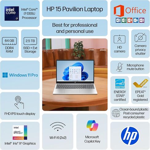 HP Ultra Performance Touchscreen Laptop 2025-2026 Business, Al Copilot, 10-Core Intel Core i7-1355U, 15.6" FHD, 64GB RAM, 2.5TB Storage (2TB SSD+500GB Ext), MarxsolAdd-on, Win 11 Pro, Lifetime Office in Kuwait