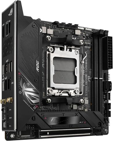 ASUS ROG Strix B650E-I Gaming WiFi AMD Ryzen AM5 mini-ITX motherboard, 10 + 2 power stages, DDR5, two M.2 slots, PCIe 5.0, 2.5G LAN, WiFi 6E, USB 3.2 Gen 2x2 Type-C port, and Aura Sync RGB lighting in Saudi Arabia