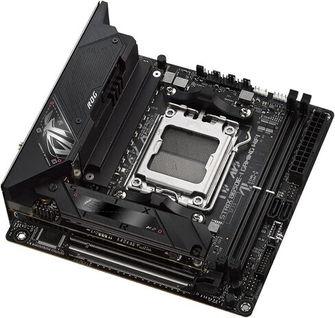 ASUS ROG Strix B650E-I Gaming WiFi AMD Ryzen AM5 mini-ITX motherboard, 10 + 2 power stages, DDR5, two M.2 slots, PCIe 5.0, 2.5G LAN, WiFi 6E, USB 3.2 Gen 2x2 Type-C port, and Aura Sync RGB lighting in Saudi Arabia