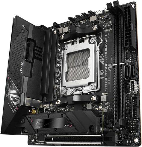 ASUS ROG Strix B650E-I Gaming WiFi AMD Ryzen AM5 mini-ITX motherboard, 10 + 2 power stages, DDR5, two M.2 slots, PCIe 5.0, 2.5G LAN, WiFi 6E, USB 3.2 Gen 2x2 Type-C port, and Aura Sync RGB lighting in Saudi Arabia