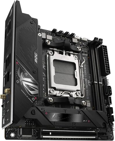 ASUS ROG Strix B650E-I Gaming WiFi AMD Ryzen AM5 mini-ITX motherboard, 10 + 2 power stages, DDR5, two M.2 slots, PCIe 5.0, 2.5G LAN, WiFi 6E, USB 3.2 Gen 2x2 Type-C port, and Aura Sync RGB lighting in Saudi Arabia