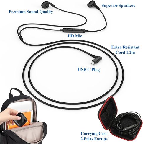 سماعات أذن سلكية USB C من النوع C لأجهزة iPad 10th Gen/iPhone 17 Pro 16 15 لأجهزة Samsung S25 S21 S23 S24 C Plug مع ميكروفون للتحكم في مستوى الصوت سماعة رأس للطلاب المدرسية باللون الأسود in Kuwait
