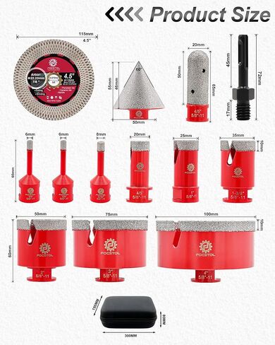 Diamond Tile Hole Saw Kit 13pcs - (6/6/8/20/35/50/75/100mm+20mm Milling Bit+50mm Chamfer Bit+SDS+115mm Saw Blade) Diamond Core Drill Bit Set for Porcelain Tile Ceramic Marble Granite FOCSTOL in Saudi Arabia