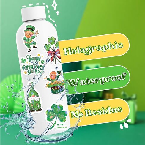 St. Patrick's Day Holographic Stickers, Shamrock Decals for Water Bottles and Laptops, Waterproof Vinyl, Irish Holiday Decorations in Saudi Arabia