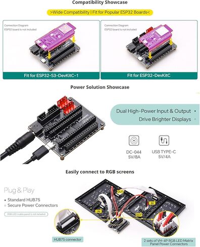لوحة محول RGB Matrix لـ ESP32-S3-DevKitC-1 وESP32-DevKitC V4 متصلة مع شاشات عرض مصفوفة RGB LED، لوحة تشغيل لوحة LED HUB75 مع مدخل طاقة مزدوج، مصدر USB-C/DC 5 فولت، موصلات VH-4P in Kuwait