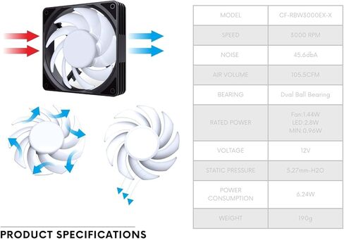 Bykski 9 Blade High Volume 120mm PWM - 5V Addressable RGB(RBW) LED Fan - 3000 RPM / 101.65 CFM / 45.6 DBA (CF-RBW3000EX-X) in Saudi Arabia
