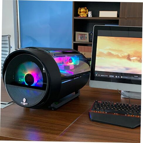 هيكل كمبيوتر ماتكس، هيكل سطح المكتب مع إضاءة RGB، تصميم دائري بانورامي، أسود، دعم تبريد المياه للمكتب المنزلي وإعداد الألعاب in Kuwait