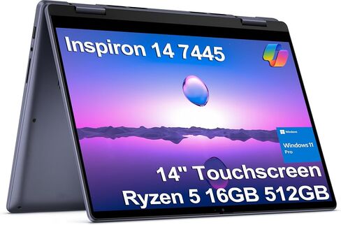 كمبيوتر محمول Dell Inspiron 14 2 في 1 يعمل باللمس (14 بوصة FHD+ IPS، ذاكرة الوصول العشوائي DDR5 سعة 16 جيجابايت، SSD 512 جيجابايت، AMD Ryzen 5 8640HS (> intel i7-1255U)) Inspiron 7445 للأعمال والطلاب والإضاءة الخلفية وFP وكاميرا ويب FHD وWin 11 Pro in Kuwait