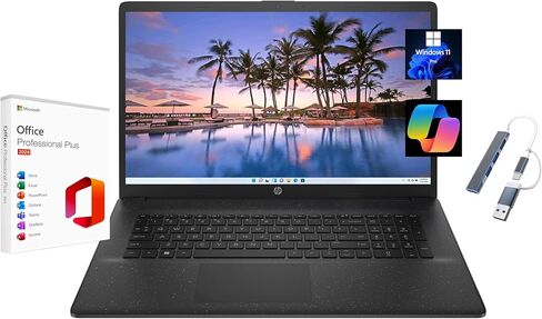 HP 2025 17.3" HD+ Laptop, with Free Lifetime Microsoft Office 2024, Intel Core i5-1334U, 16GB RAM, 256GB SSD, Intel Iris Xe Graphics, Windows 11 Pro, Jet Black, with USB Hub in Kuwait