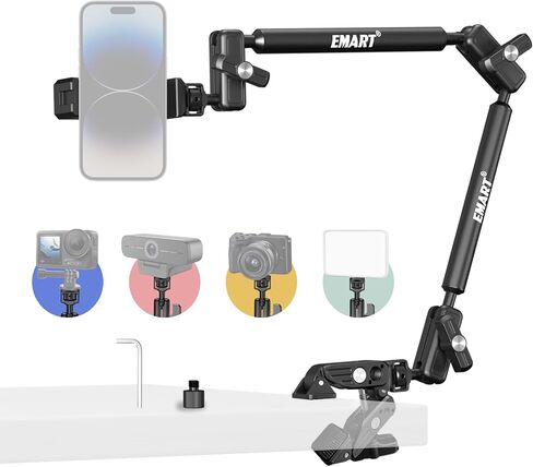 EMART Overhead Phone Mount with 22" Magic Arm, Super Clamp with 1/4" 3/8" Threads for ARRI, Flexible Camera Desk Mount, Adjustable Articulating Boom Arm for Webcam/Mic/Action Camera/Phone/Video Light in Saudi Arabia