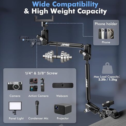 EMART Overhead Phone Mount with 22" Magic Arm, Super Clamp with 1/4" 3/8" Threads for ARRI, Flexible Camera Desk Mount, Adjustable Articulating Boom Arm for Webcam/Mic/Action Camera/Phone/Video Light in Saudi Arabia