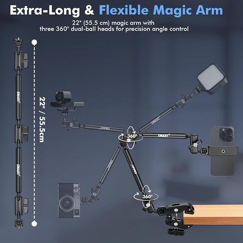 EMART Overhead Phone Mount with 22" Magic Arm, Super Clamp with 1/4" 3/8" Threads for ARRI, Flexible Camera Desk Mount, Adjustable Articulating Boom Arm for Webcam/Mic/Action Camera/Phone/Video Light in Saudi Arabia
