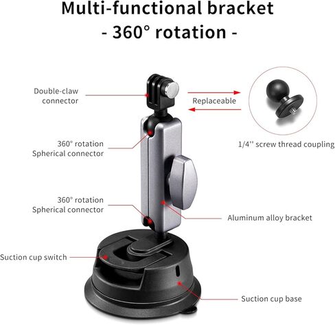 دعامة تثبيت للكاميرا على شكل كأس شفط مع ذراع سحري، من أجل DJI Osmo Action، من أجل Insta360 X3، من أجل ملحقات GoPro Hero 11/10/9، مع محول خيط قياسي 1/4"-20، رأس كروي مزدوج يدعم دوران 360 درجة in Kuwait