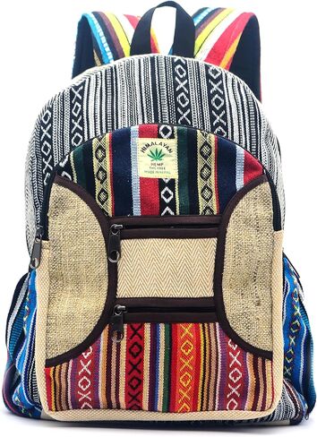 Anitya Hemp Backpack, 16x11 inches, Striped Pattern with Decorative Patches, Multiple Compartments, Unisex (GHB-003) in Saudi Arabia
