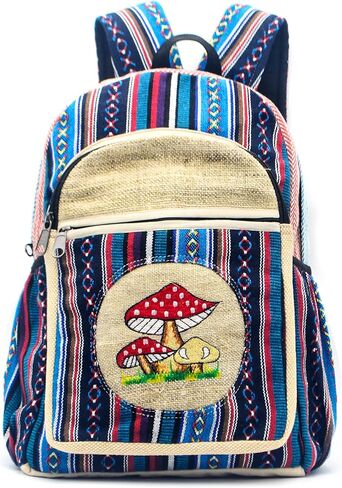 Anitya Hemp Backpack, 16x11 inches, Striped Pattern with Decorative Patches, Multiple Compartments, Unisex (GHB-003) in Saudi Arabia