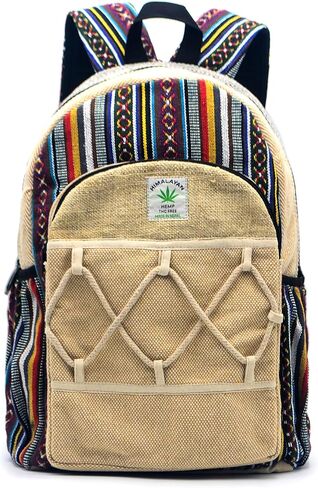 Anitya Hemp Backpack, 16x11 inches, Striped Pattern with Decorative Patches, Multiple Compartments, Unisex (GHB-003) in Saudi Arabia