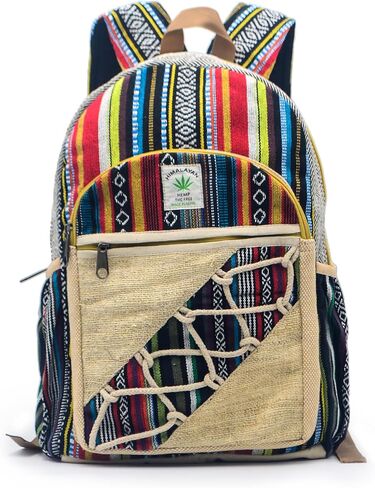 Anitya Hemp Backpack, 16x11 inches, Striped Pattern with Decorative Patches, Multiple Compartments, Unisex (GHB-003) in Saudi Arabia