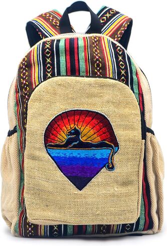 Anitya Hemp Backpack, 16x11 inches, Striped Pattern with Decorative Patches, Multiple Compartments, Unisex (GHB-003) in Saudi Arabia