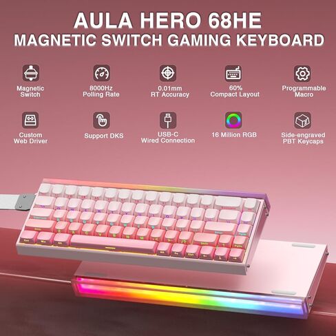 لوحة مفاتيح الألعاب السلكية Aula Hero 68 HE 60%، لوحة مفاتيح مغناطيسية بتأثير Hall مع تشغيل قابل للتعديل، وضع التشغيل السريع، معدل الاقتراع 8 كيلو هرتز، زمن الوصول 0.125 مللي ثانية، إضاءة خلفية RGB، أغطية مفاتيح PBT (متجددة) in Kuwait