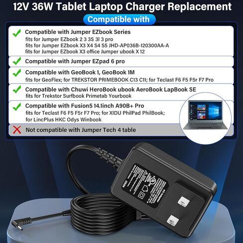 12V 3A Tablet Laptop Compatible with Jumper EZbook, Power Cord AC Adapter Fit for Jumper EZbook X3 X4 S4 S5 2 3 3S 3l Pro EZpad 6 Pro 3 Plus A5, for Chuwi HeroBook Ubook AeroBook LapBook for Trekstor in Saudi Arabia
