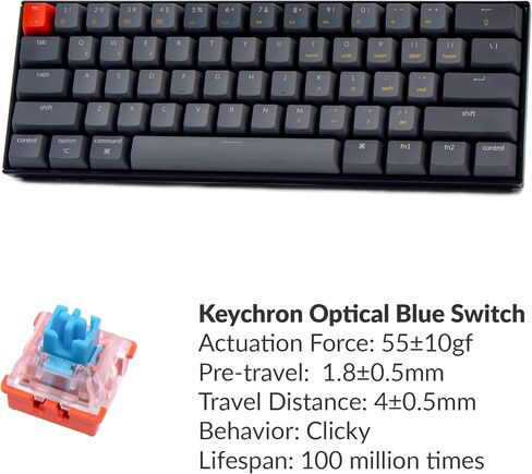 Keychron K12 60 ٪ تخطيط الساخنة قابلة للتبديل Bluetooth اللاسلكي/السبل لوحة مفاتيح ميكانيكية مع مفتاح الموز البصري ، ومفاتيح مضغوطة 61 لوحة مفاتيح LED الأبيض المتوافقة مع نوافذ MAC in Saudi Arabia