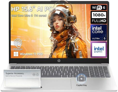 كمبيوتر محمول HP 15 بشاشة تعمل باللمس، Intel Core Ultra 5 (14-Core، Beat i7-1355U)، 15.6 FHD IPS شاشة تعمل باللمس كمبيوتر محمول للأعمال AI PC، 32 جيجابايت DDR5 RAM 2 تيرابايت SSD Windows 11 Pro، USB-C (DisplayPort)، HDMI، 10 مفاتيح in Kuwait
