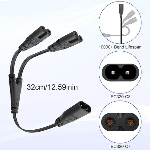 MEIRIYFA IEC 320 C8 إلى كابل مقسم C7 Y مزدوج، IEC الشكل C8 ذكر إلى أنثى C7 Y مقسم 1 في 2 خارج محول سلك طاقة تيار متردد للكمبيوتر المحمول المكتبي PS4 مصابيح شاشات LCD ومكبرات الصوت-30 سم in Saudi Arabia