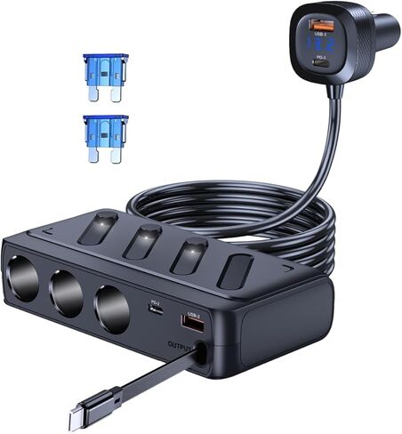 Cigarette Lighter Splitter with Retractable Type C Cable, LIHAN 3 Sockets Car Charger Adapter, 12V / 24V Outlet Plug, Dual Type C USB and QC Port, LED Voltage Display in Saudi Arabia