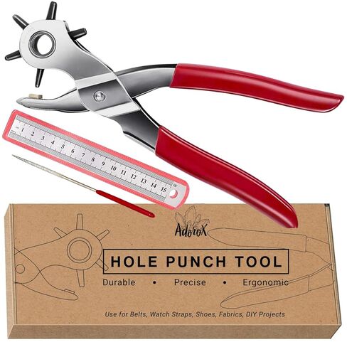 Adorox Heavy Duty Quality & Professional Design Revolving Hole Punch Pliers Kit – with Steel Ruler & File, Puncher with 6 Hole Sizes for Belts, Watch Straps, Saddles, Shoes & DIY Crafts in Saudi Arabia