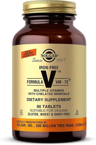 Solgar Iron-Free Formula VM-75, 90 Tablets - Multivitamin with Chelated Minerals - Vitamin A, B6, B12, C, D, E - Biotin, Magnesium, Calcium, Zinc - Vegan, Gluten & Dairy Free, Kosher - 90 Servings in Saudi Arabia