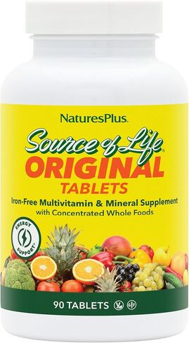 NaturesPlus Source of Life أقراص بدون حديد - 90 قرصًا نباتيًا - مكملات غذائية كاملة متعددة الفيتامينات والمعادن، معززة للطاقة والمناعة - خالية من الغلوتين - 30 وجبة in Kuwait