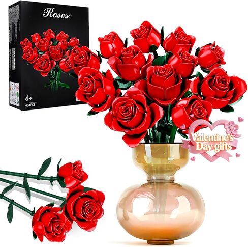 Flowers Bouquet Building Set, 3 Artificial Red Roses Botanical Collection Building Block Educational Toys Gift for Girls Kids Women Valentines Mothers Day Christmas Birthday Gift, 162 PCS in Saudi Arabia