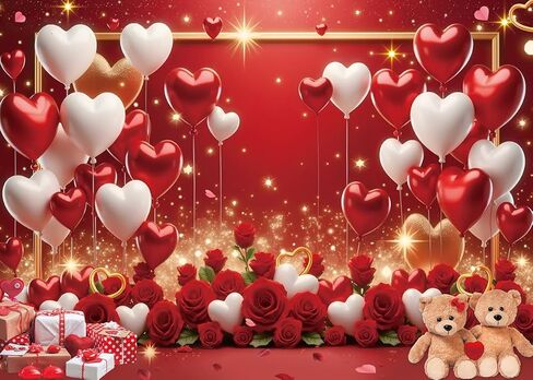 عيد الحب الأحمر خلفية قلوب الحب بالونات الورد الأحمر الزهور الدببة بريق التصوير الفوتوغرافي خلفية الزفاف الذكرى السنوية عيد الحب الديكور راية صور الدعائم (7x5FT) in Kuwait