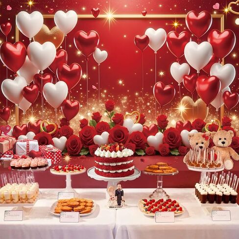 عيد الحب الأحمر خلفية قلوب الحب بالونات الورد الأحمر الزهور الدببة بريق التصوير الفوتوغرافي خلفية الزفاف الذكرى السنوية عيد الحب الديكور راية صور الدعائم (7x5FT) in Kuwait
