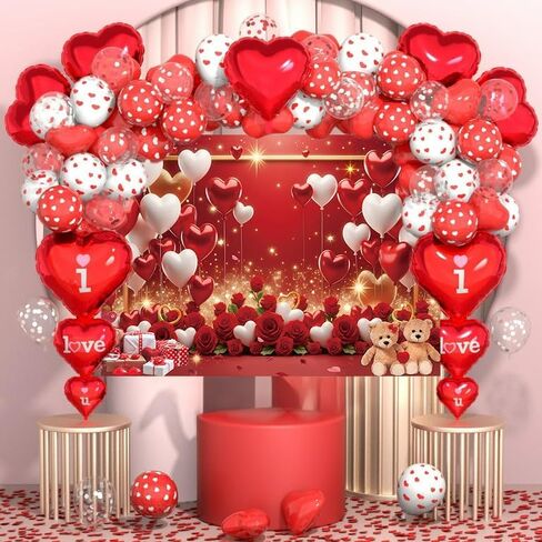 عيد الحب الأحمر خلفية قلوب الحب بالونات الورد الأحمر الزهور الدببة بريق التصوير الفوتوغرافي خلفية الزفاف الذكرى السنوية عيد الحب الديكور راية صور الدعائم (7x5FT) in Kuwait