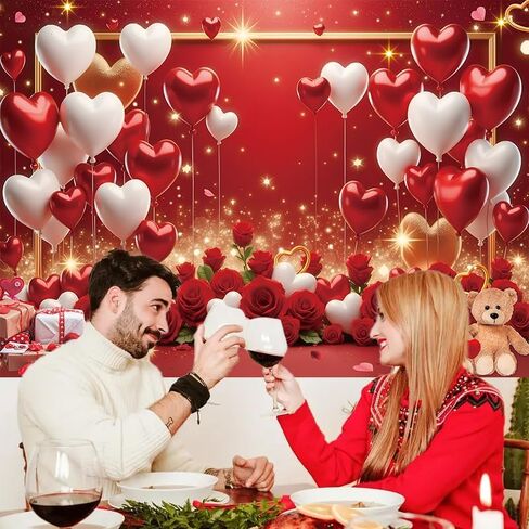 عيد الحب الأحمر خلفية قلوب الحب بالونات الورد الأحمر الزهور الدببة بريق التصوير الفوتوغرافي خلفية الزفاف الذكرى السنوية عيد الحب الديكور راية صور الدعائم (7x5FT) in Kuwait