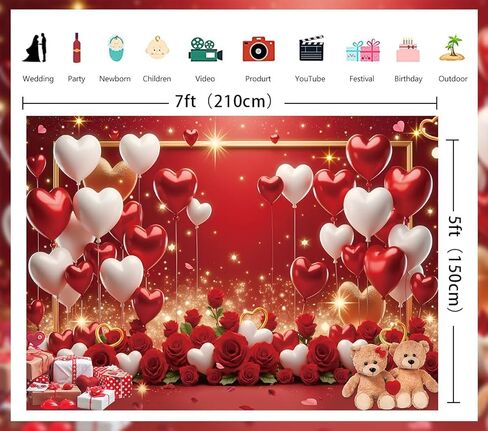 عيد الحب الأحمر خلفية قلوب الحب بالونات الورد الأحمر الزهور الدببة بريق التصوير الفوتوغرافي خلفية الزفاف الذكرى السنوية عيد الحب الديكور راية صور الدعائم (7x5FT) in Kuwait