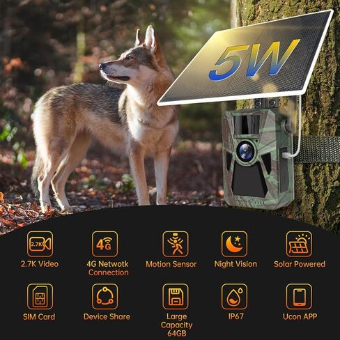 كاميرا خلوية تعمل بالطاقة الشمسية 4G - 4K 48 ميجابكسل، بطارية مدمجة 7500 مللي أمبير في الساعة، اتصال تلقائي على مستوى البلاد، رؤية ليلية، كاميرا ألعاب الصيد للحياة البرية والأمن والمراقبة in Kuwait