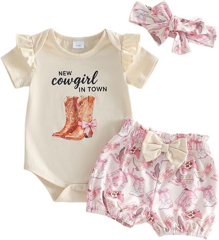 Western Baby Girl Summer Clothes Newborn Short Sleeve Letter Romper Shorts Set 3Pcs Infant Cowgirl Country Outfit in Saudi Arabia