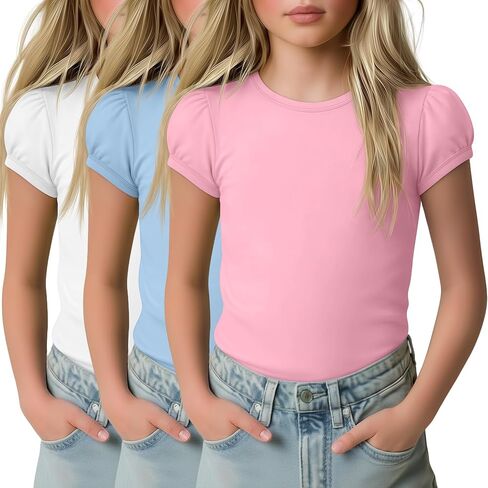 3 Pack Girls' Puff Short Sleeve Shirts Kids Round Neck Basic Tops Casual Summer Blouses 5-14 Years in Kuwait