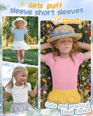 3 Pack Girls' Puff Short Sleeve Shirts Kids Round Neck Basic Tops Casual Summer Blouses 5-14 Years in Kuwait
