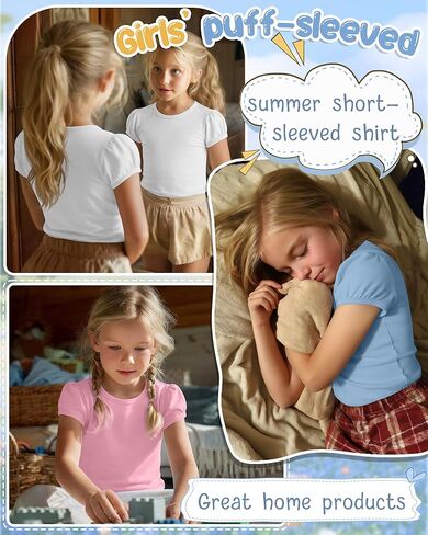 3 Pack Girls' Puff Short Sleeve Shirts Kids Round Neck Basic Tops Casual Summer Blouses 5-14 Years in Kuwait