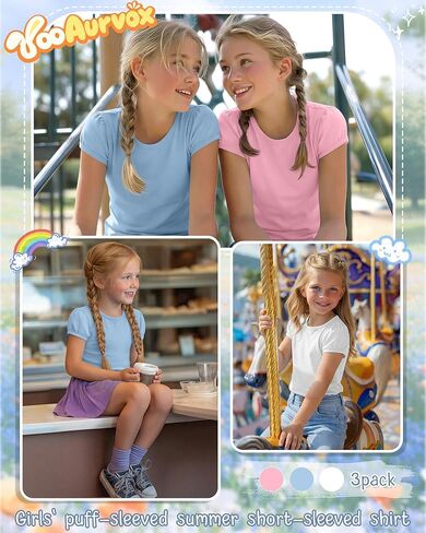 3 Pack Girls' Puff Short Sleeve Shirts Kids Round Neck Basic Tops Casual Summer Blouses 5-14 Years in Kuwait