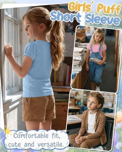 3 Pack Girls' Puff Short Sleeve Shirts Kids Round Neck Basic Tops Casual Summer Blouses 5-14 Years in Kuwait